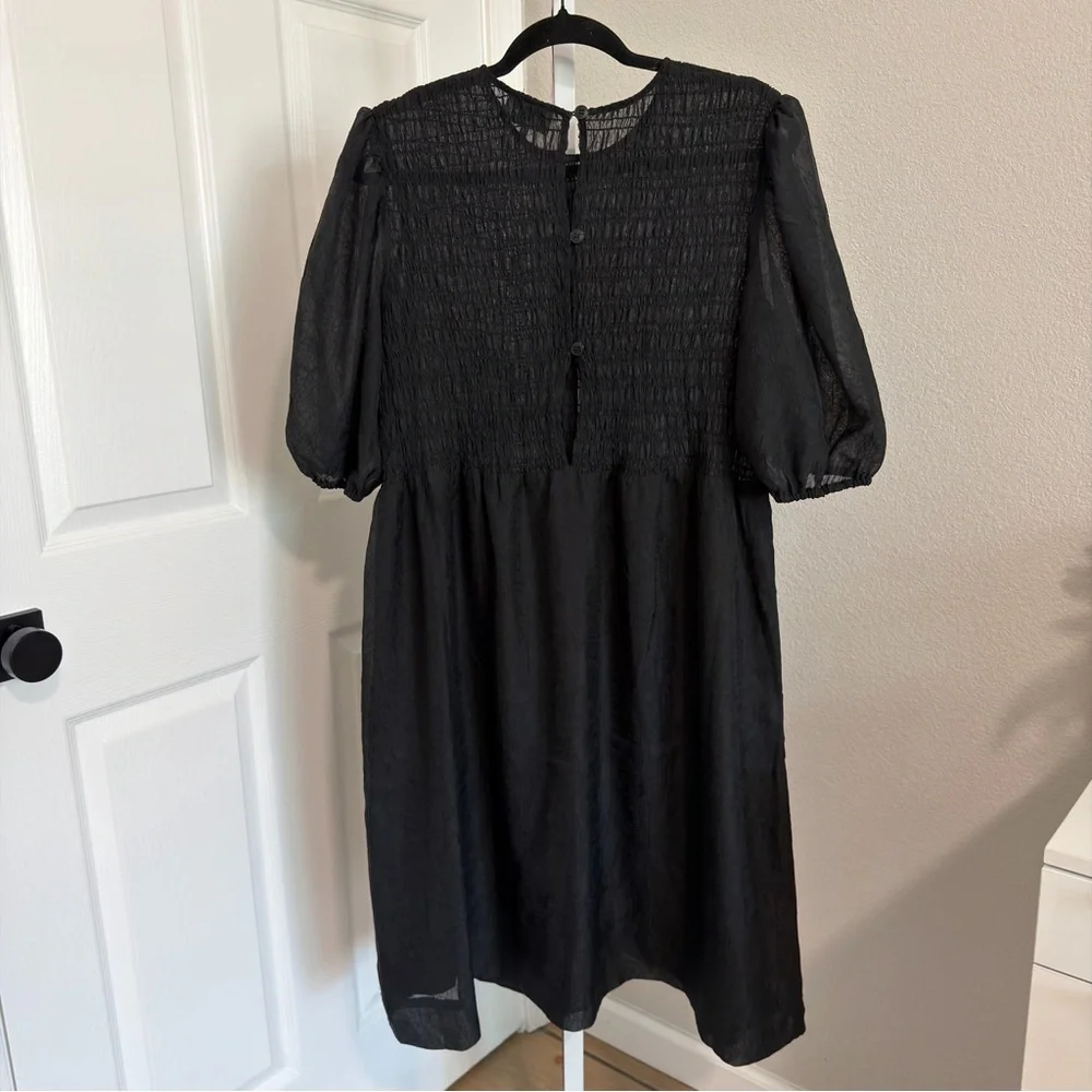 Ganni Black‎ Crinkled Georgette Smocked Midi Dress Size Large EU 40 Puff Sleeve